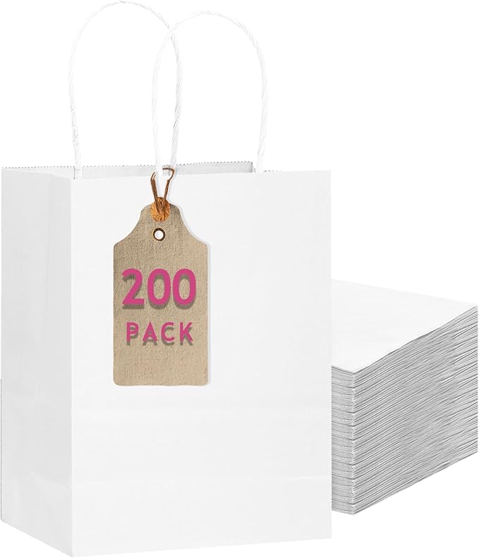 qiqee 200-Packs White Paper Gift Bags with Handles Bulk 10.6"x8.3"x4.3" Medium Size Paper Bags Multiple Uses