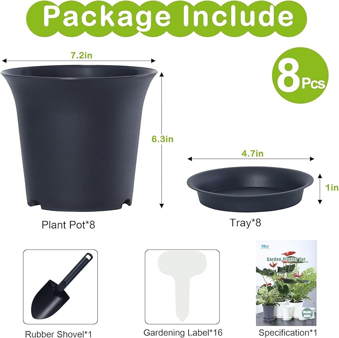 Planter Pots 8 Packs, 7.2 Inches Flower Pots with Drainage Holes & Trays, Ideal for Succulents, Herbs, Flower, African Violet, Garden Plant Pots for Home Garden Kitchen Decor (Dark Grey-2)