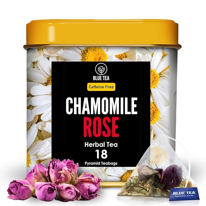 BLUE TEA - Chamomile Tea - Rose - 18 Count - Pyramid Plant Based Tea Bag | SKIN HEALTH | Detox Tea - Herbal Tea - Flower Based - Caffeine-free - Non-GMO - Vegan | Tin Pack