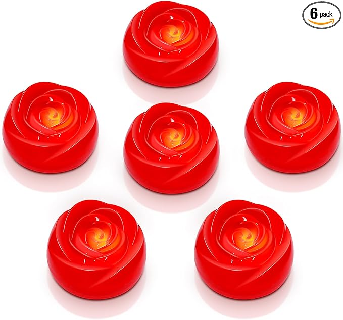 Enido Flameless LED Floating Candles Battery Operated Waterproof Plastic Tealights Pack of 6, Centerpieces at Wedding, Party,Valentine's Day (Red)