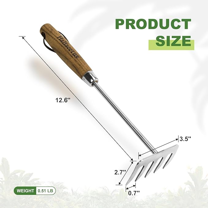 Haliaeetus Hand Rake Garden Tool, Stainless Steel Small Rake for Raking Leaves in Flower Beds, 5 Tines Hand Tiller Make Loosening Soil A Snap, Hand Cultivator with Comfortable Handle for Quick Weeding