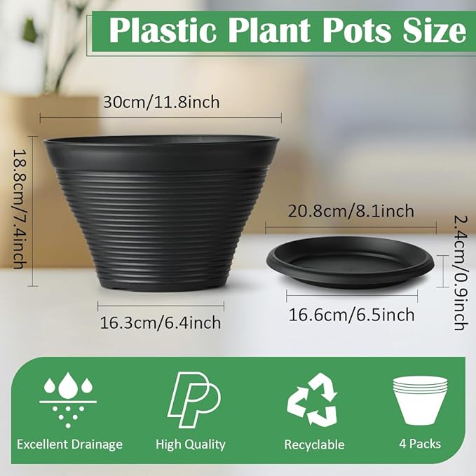 4 Pack 12 Inch Plant Pots with Saucers, Plastic Flower Pots with Drainage Holes, Large Planters for Indoor Outdoor Garden, House Plants, Flowers, Herbs, Gardening Gifts, Black