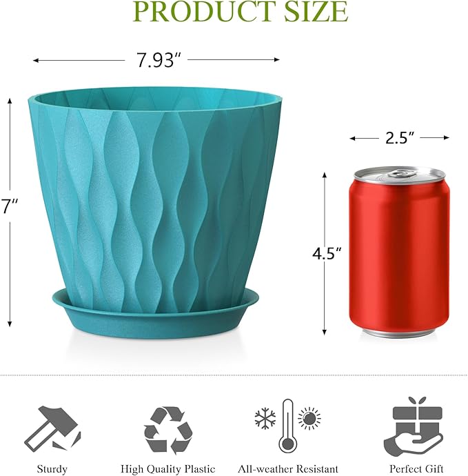 8" Water Wave Plant Pots with Drainage Holes & Saucers, 4 Pack Modern Textured Medium Planters for Indoor Outdoor Plants, Decorative Flower Pots Repotting Set for Flowers, Herbs (Blue)