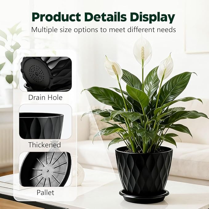 Plant Pots, Self Watering Planters with Drainage Holes and Trays, Flower Pots for Indoor Outdoor - 6 Pack(4/5/6/6.5/7/8 Inch) (Black)