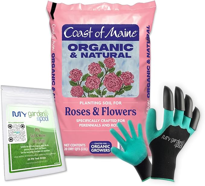 Coast of Maine RF3500 Rose & Flower Planting Soil 20 qt with My Garden Pool 7-in-1 Soil Test Strips, 20 ct. and Claw Gardening Gloves