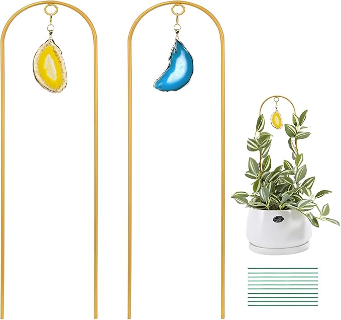 2PCS Small Gold Trellis for Climbing Plants Indoor, Mini Metal Houseplant Climber Support for Potted Plants, Boho Decorative Pot Lattice with Agate for Hoya, Pothos, Ivy, Philodendron