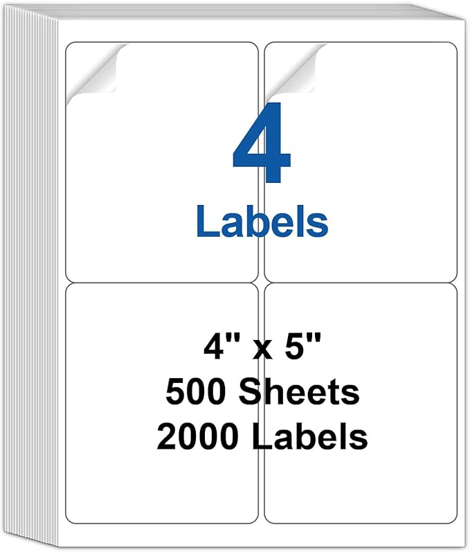 Bostlabels 500 Sheets 2000 Pcs 4 Up 4x5 White Shipping Labels for inkjet and Laser Printers, large Labels 4 per Sheet, Permanent Strong Adhesive A4 Size 4 Labels per Page Perfect for Mailing & Address