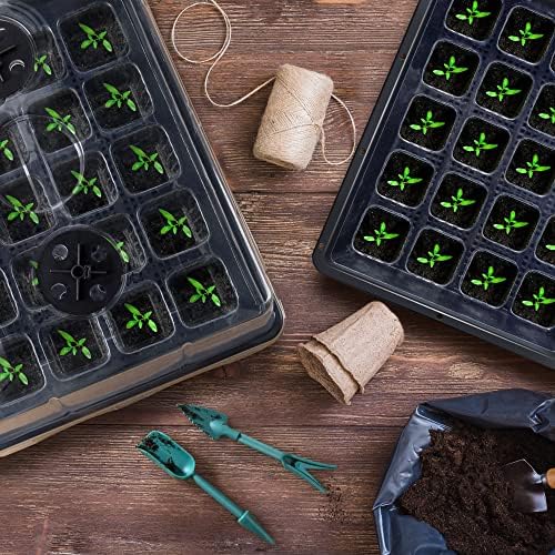2 Sets 40 Cell Seed Starter Tray with Grow Lights and Heat Mat, Seed Starter Kit with 5.9” Humidity Dome and Vents, Indoor Plant Germination Trays, Seedling Startering Trays for Faster Germination
