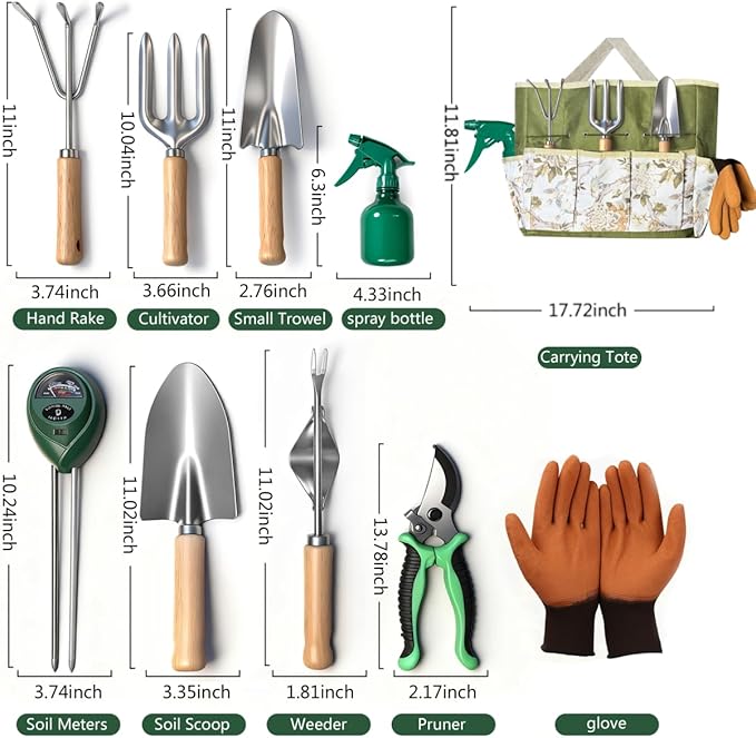 10-Piece Premium Gardening Tool Set—Includes A Moisture Meter, Heavy-Duty Rust-Resistant Stainless Steel Tools with A Storage Carry Bag. The Perfect Gardening Gift for Both Men and Women (Green)
