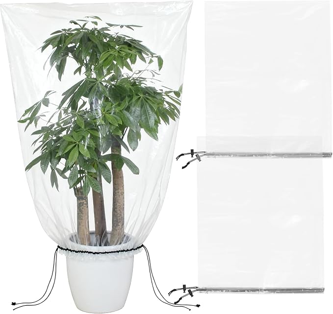 2 Pcs Winter Plant Covers Freeze Protection with Drawstring, 31.5"x39.4" Clear Plastic Film Shelter Bags, Waterproof Plant Frost Protection Covers for Outdoor Garden Shrubs Crops
