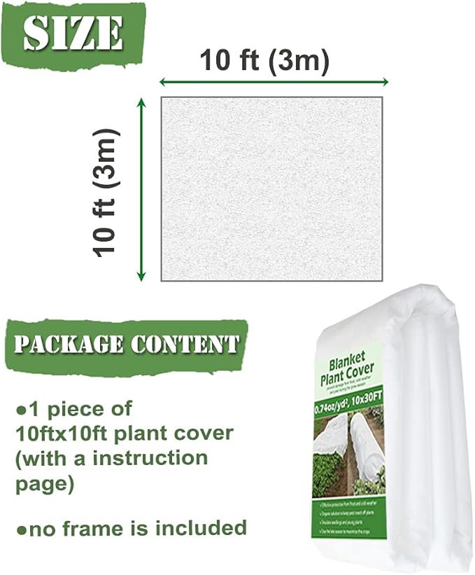 Plant Covers Freeze Protection 10 ft x 10 ft Floating Row Cover 0.9oz/yd² Garden Fabric Plant Cover for Winter Frost/Sun Pest Protection (10FT X 10FT)