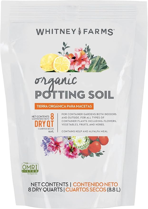 Whitney Farms Organic Potting Soil - Natural Indoor and Outdoor Container Mix for Vegetables, Herbs and Flowers, Feeds Plants up to 2 Months - 8 qt.