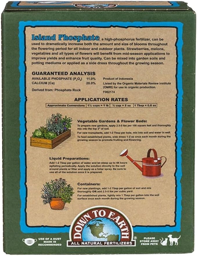 Down To Earth All Natural Fertilizers Organic Island Phosphate - High Phosphorus Plant Food for Buds, Blooms, Flowers 0-11-0, 5 lb