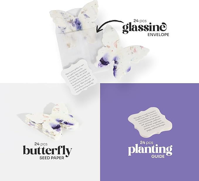 Seed Bloom Wildflower Seed Paper - Set of 24 Purple Butterfly-Shaped with Envelope and Planting Instruction, Writable & Plantable Gift for Mom and Plant Lover, Ideal for Wedding, Memorial, Baby Shower