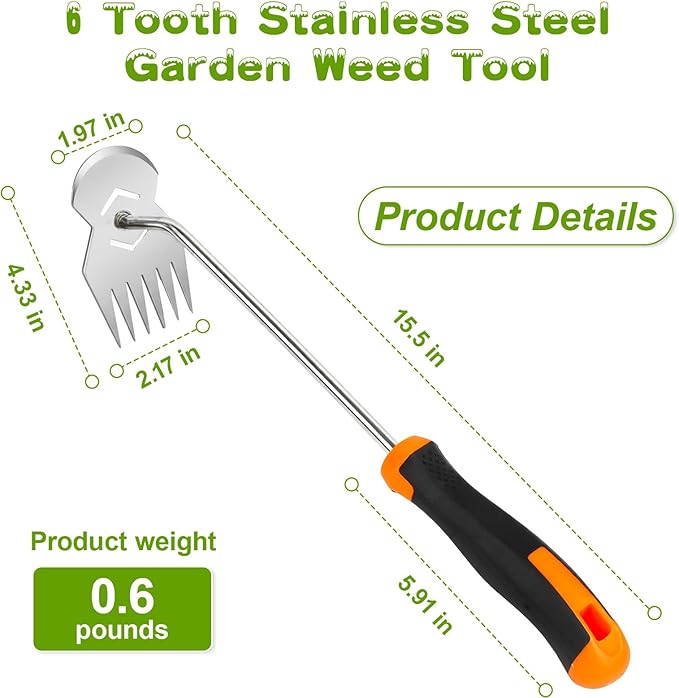 Garden Weed Tool,2026 Portable Weeding Tool,6 Tooth Stainless Steel Hand Weeder Tool,Adopt Anti slip handle,conforms to ergonomic curves,Suitable For Vegetable Cultivation And Horticulture on Farms