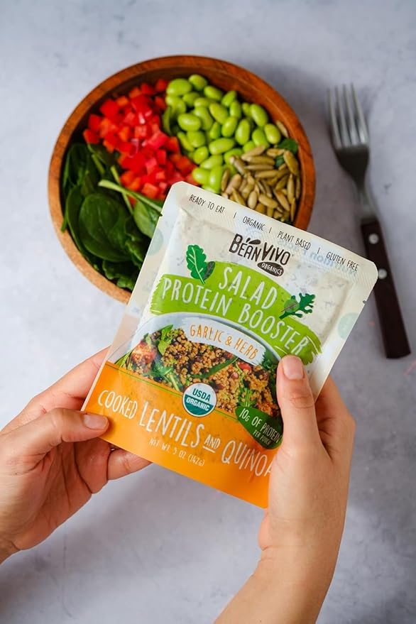 BeanVIVO 6-Pack Salad Protein Booster - Organic cooked Lentils & Quinoa with Garlic & Herbs, delivering a burst of taste and 10g of protein-packed goodness in every pouch 5oz
