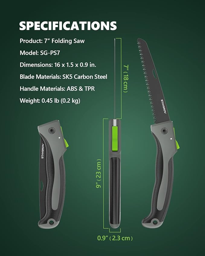 7 Inch Folding Hand Pruning Saw, Heavy Duty Foldable Camping Saw with 7” Hardened SK5 High Carbon Steel Blade Garden Folding Saw for Wood Cutting, Tree Trimming, Gardening, and Hunting