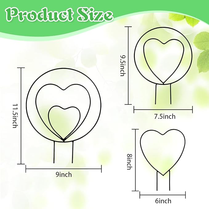 Hoya Trellis 3 Size Indoor Plants Flower Support Stakes Round or Heart Metal Trellis Set Garden Tool Accessories for Small Potted Vine Climbing Houseplants (BlackCH)