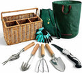 All-in-One Garden Tool Set with Basket, Stainless Steel Garden Tools with Wooden Handles, Garden Apron/Garden Waste Bags/Gardening Gloves Gardening Gift Set