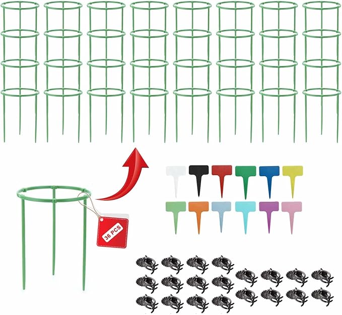 Lcukyalc 36 Packs Plant Support Stakes with Twist Ties, Clips & Labels for Garden, Stackable Flower Support Stake, Indoor Outdoor Plant Stakes for Tomato, Monstera, Climbing Plants.