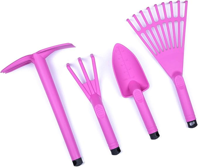 Mintra Garden Tool Set, 4 Piece Heavy Duty Gardening Tools Including Cultivator, Trowel, Shovel & Rake, Durable Poly Material & Non-Slip Handle, Garden Hand Tools Set for Gardening Gift, Fuchsia