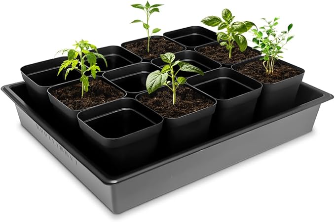 Seed Starter Tray, 5 Packs Plant Tray, Durable Plastic Growing Trays, Stackable Seedling Starter Trays Perfect for Indoor, Outdoor, Greenhouses, 16.5" L x 13.2" W x 2.8" H - Black