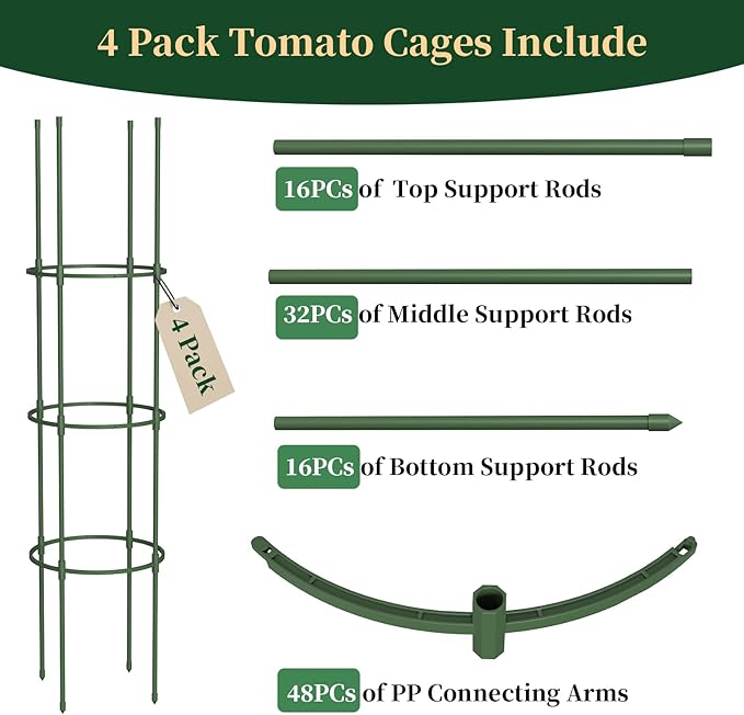 6 Pack Tomato Cages for Garden, 49" Tall Adjustable Heavy Duty Rust Resistant Tomato Trellis, with Upgraded Coupler for Raised Beds & Pots, Plant Stakes and Supports for Climbing Vegetables, Flowers