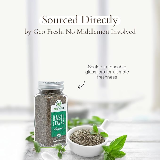 Geo-Fresh Organic Basil Leaves 0.71 oz (20g) – Dried Basil Seasoning for Cooking & Seasoning – Non-GMO, Kosher, USDA Certified Organic, Gluten-Free