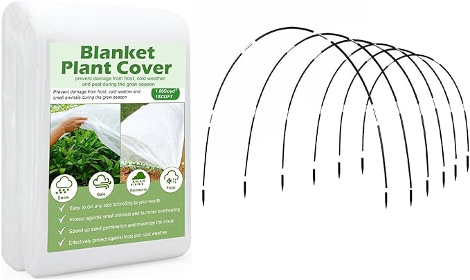 Plant Covers Protection Kit,10Ft x 30Ft 1.0 oz/yd² Reusable Floating Row Cover and 6 Sets of 8FT Fiberglass Garden Hoops for Raised Beds, Freeze Protection Plant Blankets for Cold Weather