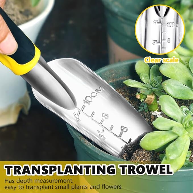 Garden Tool Set, 3 Pcs Heavy Garden Tools, Garden Shovel, Transplant Trowel and Hand Rake with Soft Rubberized Non-Slip Ergonomic Handle for Planting