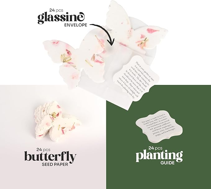 Set of 24 Pink Butterfly Seed Paper – Writable & Plantable Wildflower with Envelopes & Planting Guides, Gift for Moms or Plant Lover for Valentine’s Day, Mother’s Day, Weddings & Life Celebrations