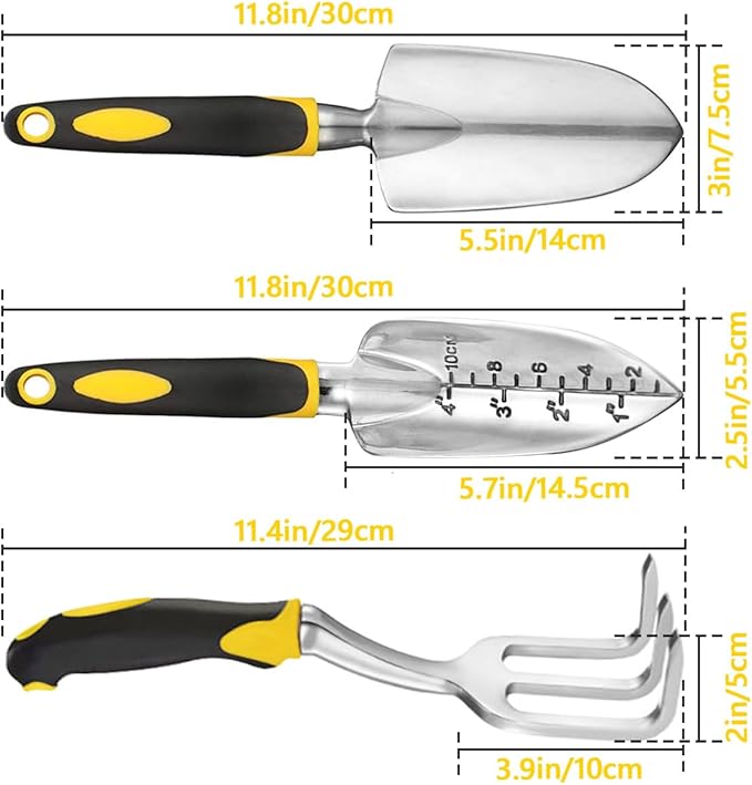 Garden Tool Set, 3 Pcs Heavy Garden Tools, Garden Shovel, Transplant Trowel and Hand Rake with Soft Rubberized Non-Slip Ergonomic Handle for Planting