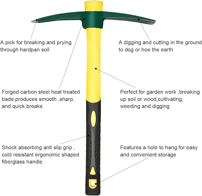 Forged Adze Pick, Weeding Mattock Hoe, Pick Axe 15-Inch, One Piece Intact Drop Forged, Plastic Coated Fiberglass Handle, 1.4LB
