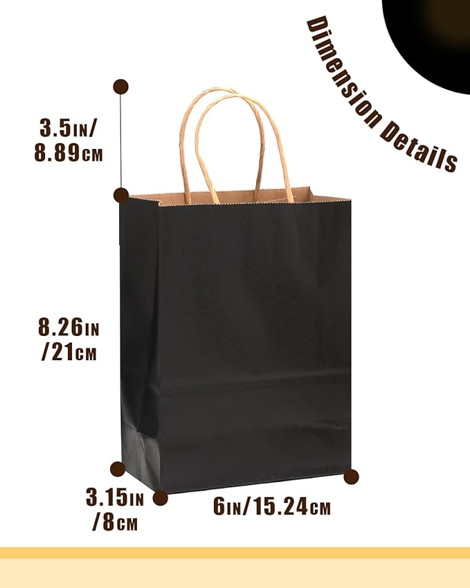 qiqee 200-Packs Black Paper Gift Bags with Handles Bulk 8.3"x6"x3.15" Small Size Paper Bags Multiple Uses
