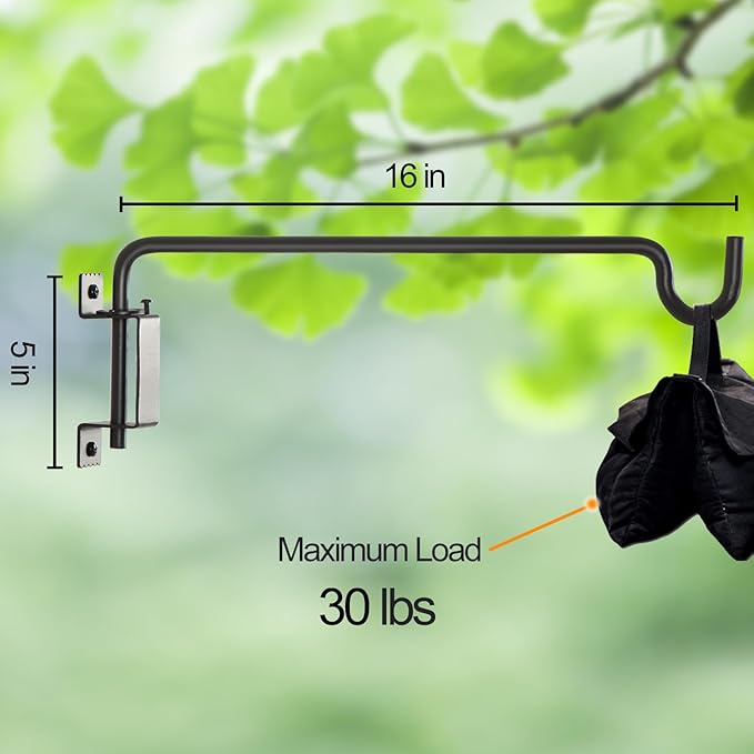 AILIN YELOKIE 16" 360° Swivel Plant Hanger (2-Pack) - Heavy Duty Solid Steel Wall Hook, 12-Directional Adjustable for Bird Feeders, Outdoor/Indoor Plants, Garden & Patio, Rust-Resistant Black