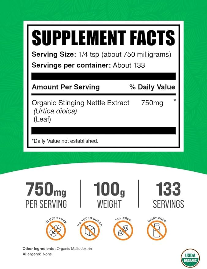 BulkSupplements.com Organic Stinging Nettle Extract Powder - Nettle Leaf Extract, Herbal Supplement - Vegan & Gluten Free, 750mg per Serving, 100g (3.5 oz) (Pack of 1)