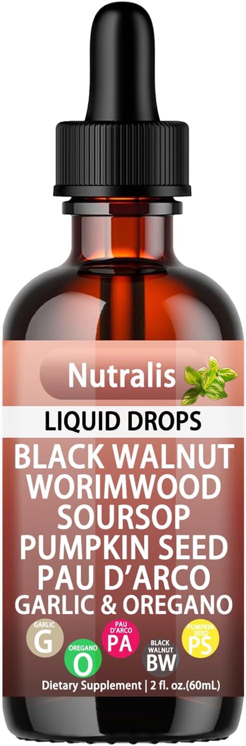 Nutralis Black Walnut Wormwood Gut Cleanse –Wormwood Black Walnut Clove Liquid Drops with Soursop, Pumpkin Seed, PAU D'arco, Garlic Oregano, Boosts Energy, Supports Gut Health & Nutrient Absorption