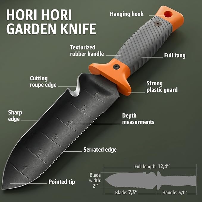 Hori Hori Garden Knife 7" with Sheath – Heavy Duty Stainless Steel Multi-Purpose Tool for Weeding, Digging & Planting, Serrated & Straight Full-Tang Blade, Non-Slip Rubber Handle with Safety Guard