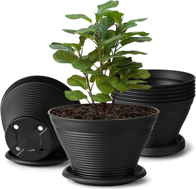 8 Inch Plastic Plant Pots with Saucers 8 Pack, Flower Pots with Drainage Holes, Sturdy Planter Pots for Indoor Outdoor, Modern Decorative Gardening Pots for Planting House Plants, Black