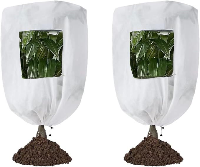 CMINGJ Plant Frost Protection Covers with Viewing Window, 47.2" x 70.8", 2.06oz/yd², Reusable Drawstring Tree Cover, Winter Tree Blanket with Zipper for Outdoor Plants, Frost Protection Cloths(2 Pack)