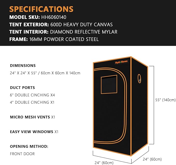 2x2 Grow Tent Kit (24"x24"x55") - Heavy-Duty 600D Diamond Mylar Canvas Lining, 98% Reflective, Viewing Window & Removable Floor Tray for Hydroponics Indoor Growing