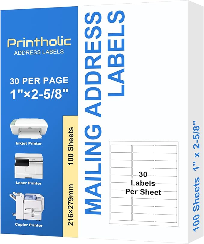 Printholic 3000 30 Per Sheet Self Adhesive 1" x 2-5/8" Address Shipping Labels for Laser & Inkjet Printers, 100 Sheets, 30 Per Labels Per Page