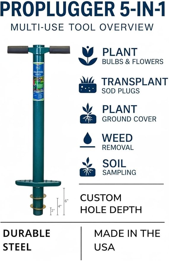ProPlugger 5-in-1 Planting Tool - Sod Plugger, Bulb and Flower Planter