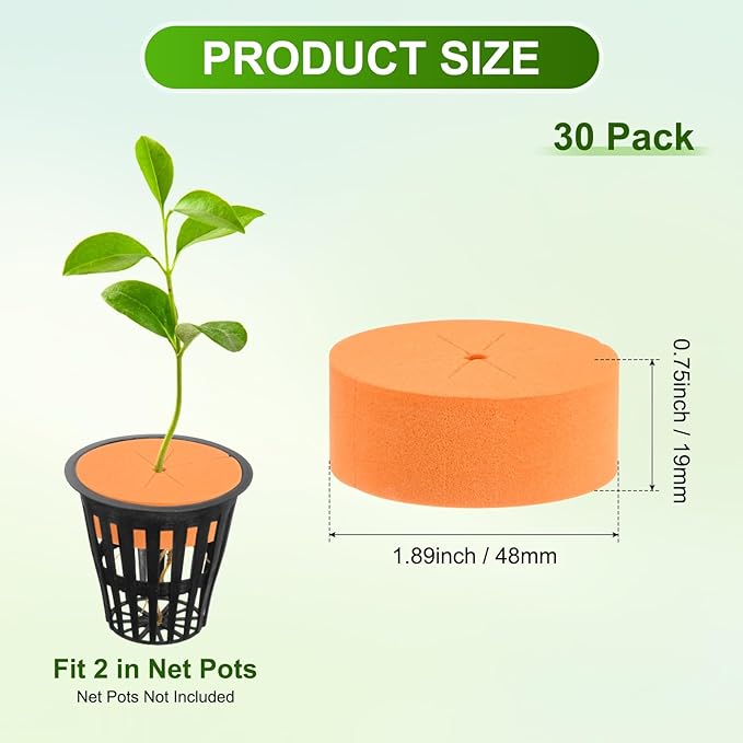 30-Pack Cloning Collars Inserts, Hydroponics Sponge Systems Cloning DIY Foam Cloner Inserts Fits 2" Net Pots for Hydroponic/DIY Cloner/Clone Machines/Plant Germination [Orange]