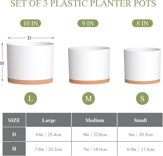 10/9/8 Inch Large Plant Pots with Drainage Holes and Trays, 3 Pack Modern Minimalist Cylinder Planters for Monstera, Snake Plant, Indoor Outdoor (Matte White & Brown)