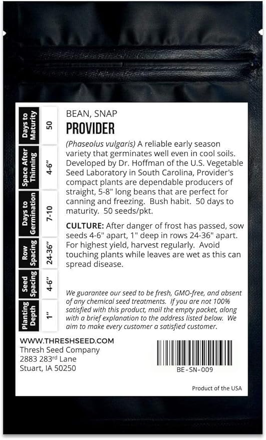 Provider Bush Green Bean - 4oz Bulk (~400 Seeds) - Heirloom & Open-Pollinated Variety, USA-Grown, Non-GMO Green Bean Seeds for Planting Outdoors in Containers or The Home Garden, Thresh Seed Company