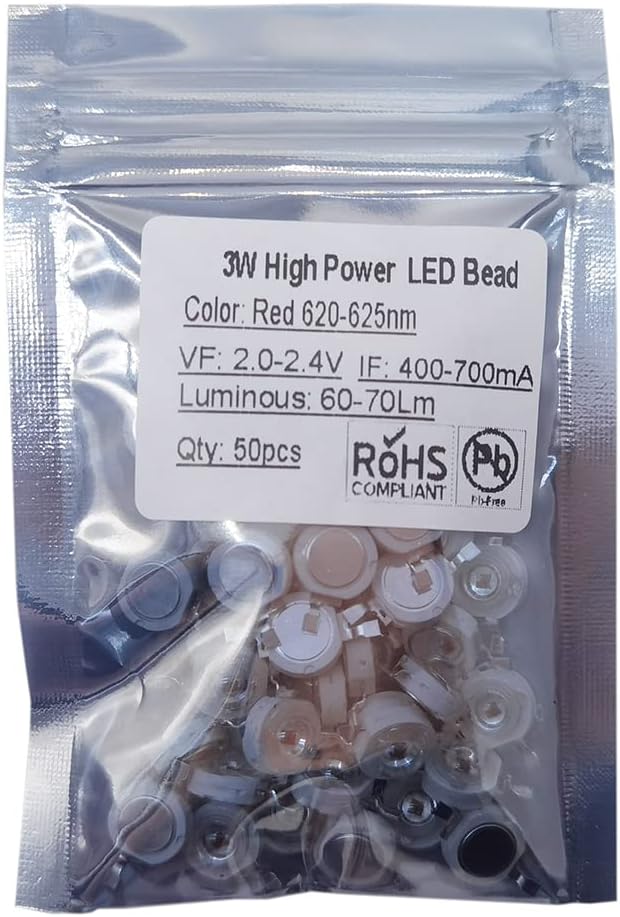 50 pcs High Power Led Chip on Board 3W Red (400mA-700mA / DC 2V-2.4V / 3 Watt) Super Bright Intensity SMD COB Light Emitter Components Diode 3 W Bulb Lamp Beads DIY Lighting