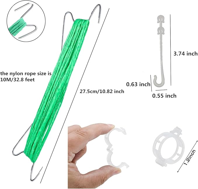 60pcs Tomato Hooks With String, Tomatoes Holder Hooks with 32.8ft Twine & Plant Support Clips, Vegetable Support J-Hook Clips Climbing Vine Crop Trellis Hooks for Vegetable Plant Fruit Flower (Green)