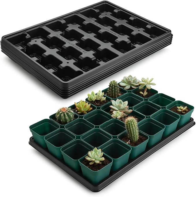 RooTrimmer 2.8 inch (7CM) Square Nursery Pots 120pcs (Green) and 24 Cell Nursery Pots Trays 5 Pack, Plastic Seedling Starter Tray with Drain Holes for Carrying and Holding Plant Pot(17"x11"x1.6")