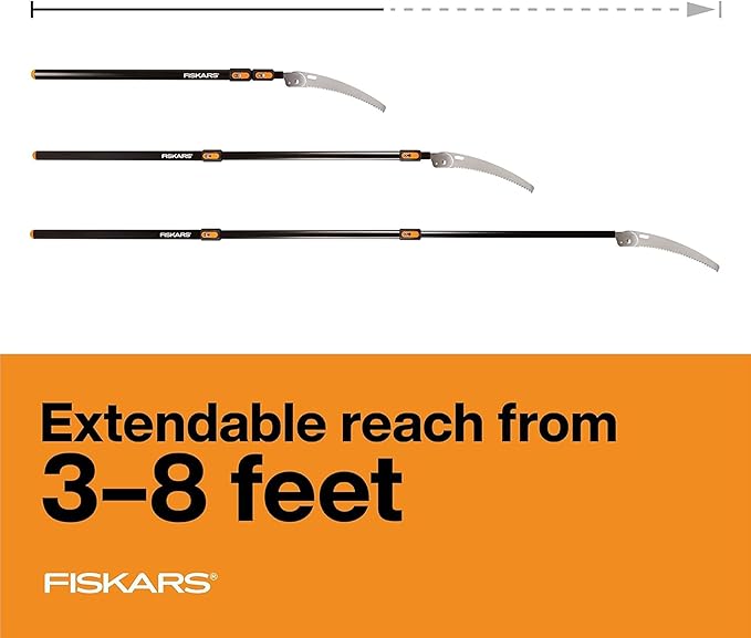 Fiskars Telescopic Pole Pruner (Extends from 3-feet to 8-feet), Hand Saw For Tree Cutting with 12-Inch Double-Grind Saw